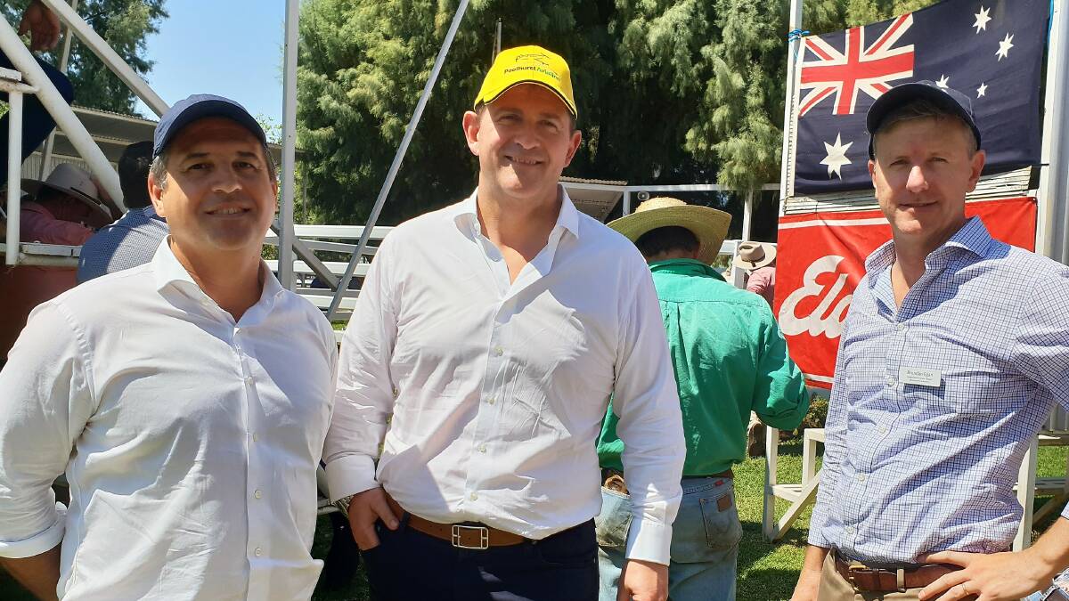 QTC's Mark Girard and Phil Noble, with QRIDA director, Brendan Egan, at the Gowrie bull sale west of Charleville last week. Picture - Sally Cripps.