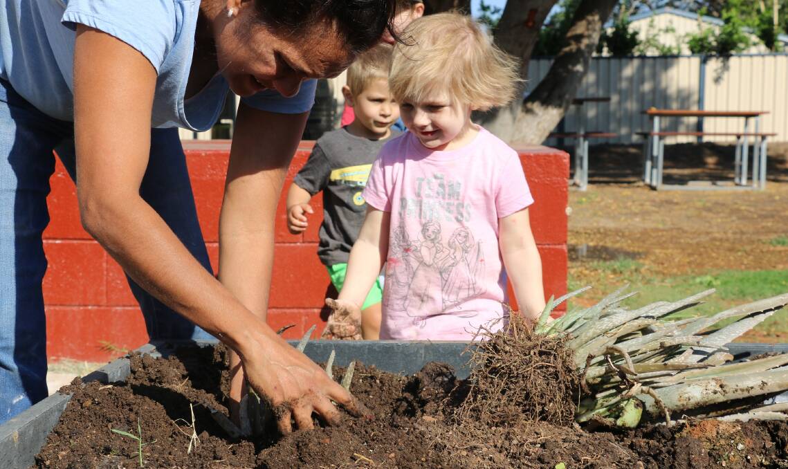 CONSTANT GARDENERS: Cloncurry Playgroup had a ball planting their tomatoes and carrots at Cloncurry Neighbourhood Centre's community garden. Photo: Centacare NQ