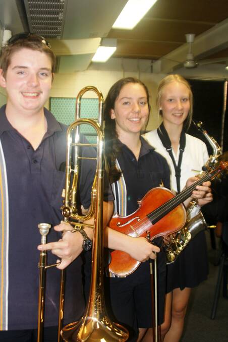 MUSO KIDS: Viola player Naomi Spitzer (Year 11), trombonist Jack Muller (Year 10) and saxophonist Amy Cobden (Year 11). Photo: Esther MacIntyre  