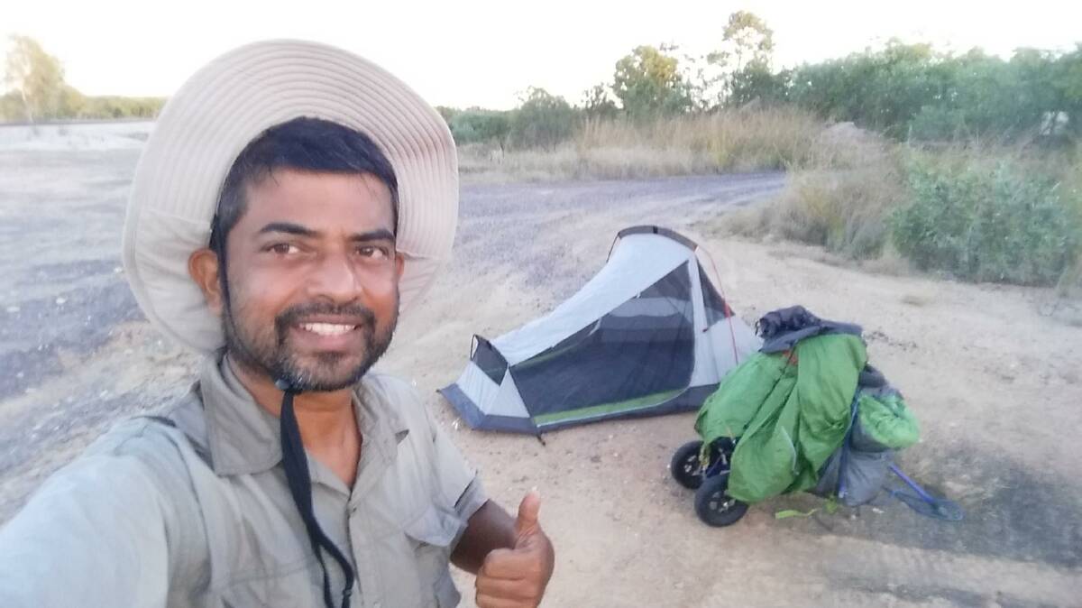 LONG WALK: Darwin man Ashok Alexander is walking 4000km from Darwin to Canberra, travelling light and camping on the roadside along the way. Photo: supplied