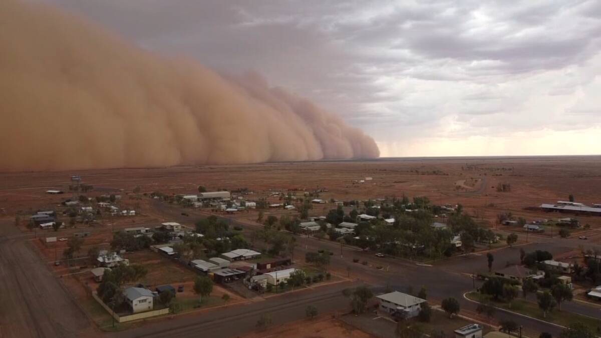 DUSTY: Leaim Shaw's drone image of the dust storm about to hit his home town of Boulia.