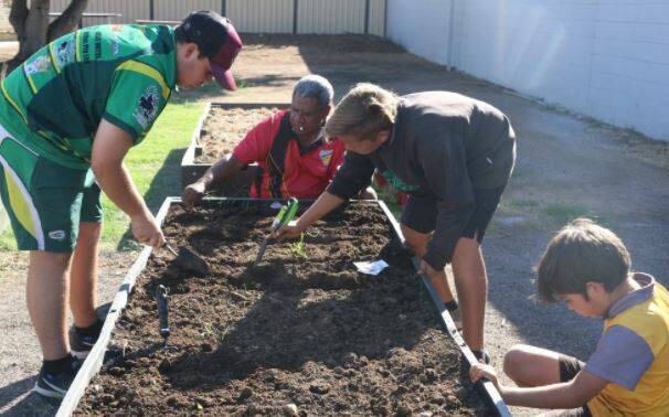 PLANTING: Hombre Major and school students have completed planting and the community garden will open on Monday, April 23. Photo: Supplied