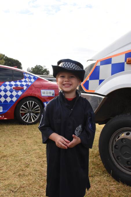 BARKLY UNDER 8s DAY: Broc Newman tried on a Police uniform for size. Photo: Melissa North