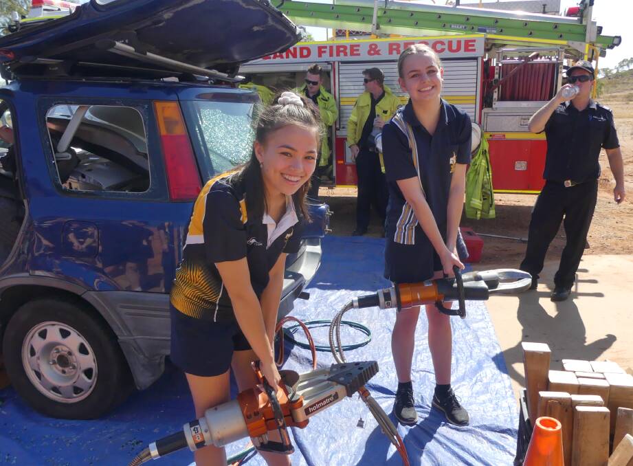 STUDENTS LIFE SKILLS: Lily Cameron and Daina Beck took part in the interactive crash scene. Photos: Supplied