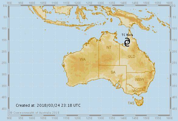 CYCLONE NORA: Tropical Cyclone Nora located over land near the coast south of Kowanyama is slowly weakening as it moves southwards.