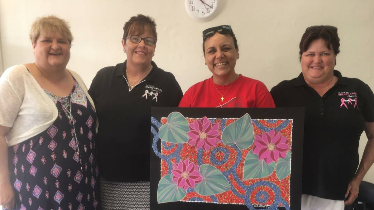 THE GIVING PAINTING:Kirsty nathan presented her painting to Linda lawrenson, Patricia Olsen and Tania Gilmore in Febraury. 