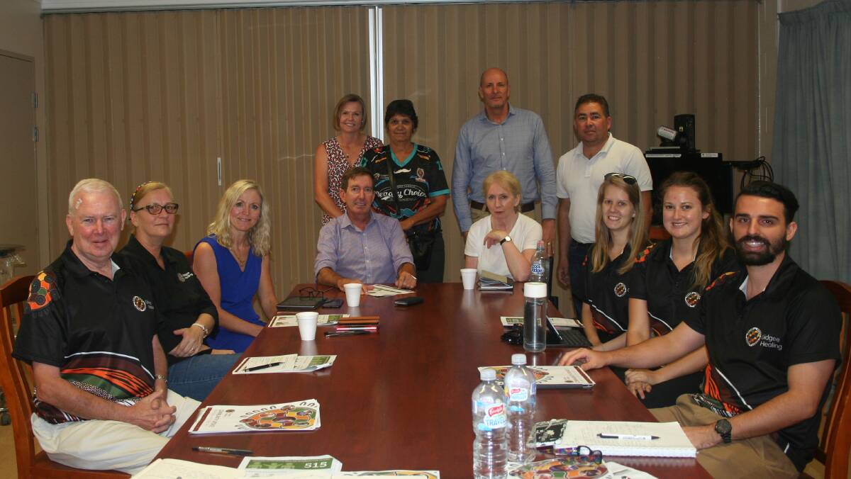 MEETING TOGETHER: Dallas Leon, Chief Executive Officer of Gidgee Healing, Paul Woodhouse, Chair of NWHHS, Stuart Gordon, Chief Executive of WQPHN, Lisa Davies Jones, Chief Executive of NWHHS, Shaun Solomon, Chair of Gidgee Healing, Dr Sheilagh Cronin, Chair of WQPHN, and Jacqui Thomson from Queensland Health.