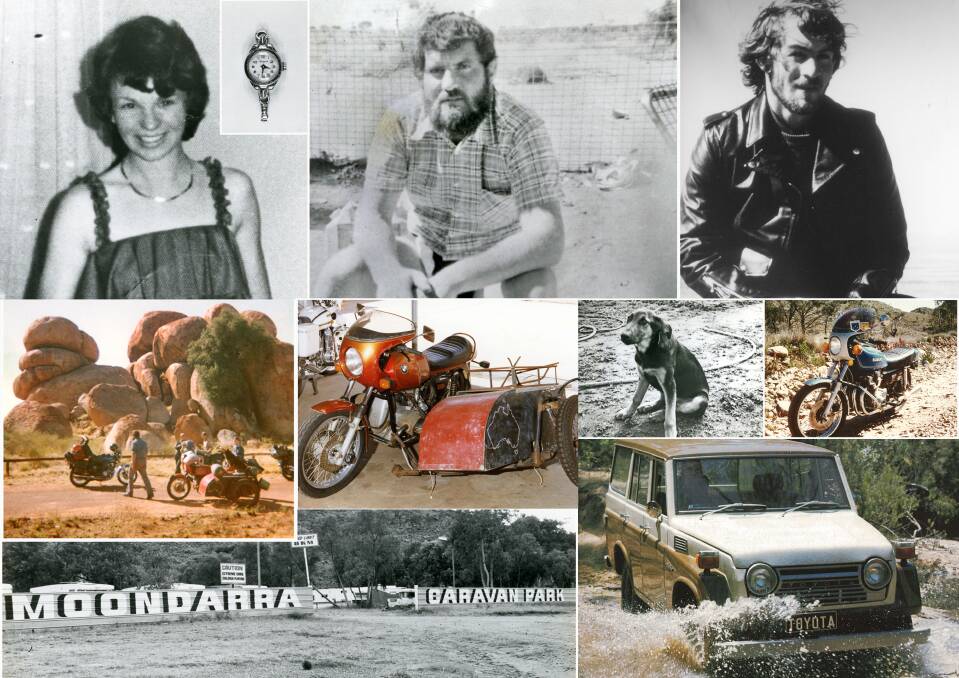 COLLAGE: Edwards, Thompson and Twaddles. Trio at Devil's Marbles, Tim's red motorbike, Tristie, motorbike, the caravan park and the style and look of the Toyota Landcruiser seen at the caracvan park.