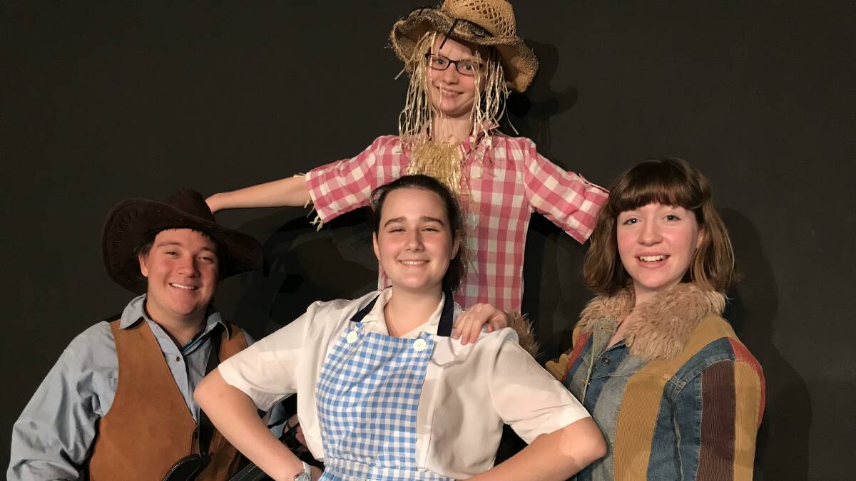 THE WIZ: The cast for the Good Shepherd musical Scarecrow Willow Shaw, Tinman/Country Western Singer Hayden Low Mow, Dorothy Ella Coghlan and Lion/Lizard Laura Szabadics. Photo: Supplied