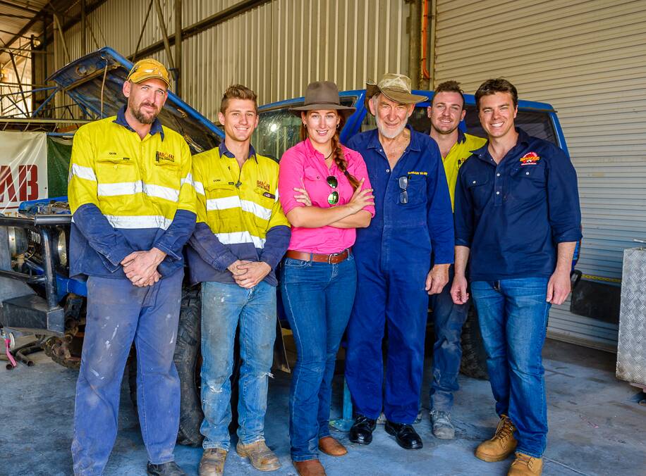 Dab Fab workers Gavin and Storm where happy to lend a helping hand when Jillaroo Jess, Allan, Daniel and Brent needed it. Photo: Supplied.