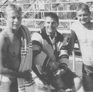 Olympians: John Oravainen, Don Talbot (Team co-coach), Bill Burton poolside in Ayr, at the Australian Swimming Team’s training camp for the 1962 Perth British Empire and Commonwealth Games. 