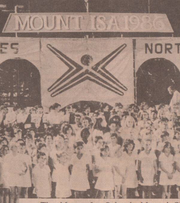 A section of the North Queensland Games Foundation Choir sings to the athletes and spectators at the 1986 Suncorp North Queensland Games held in Mt Isa. 