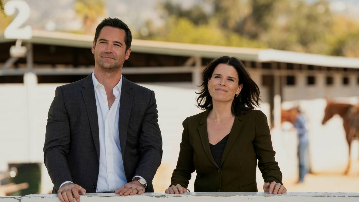  Manuel Garcia-Rulfo, left and Neve Campbell inThe Lincoln Lawyer. Picture by Lara Solanki/Netflix