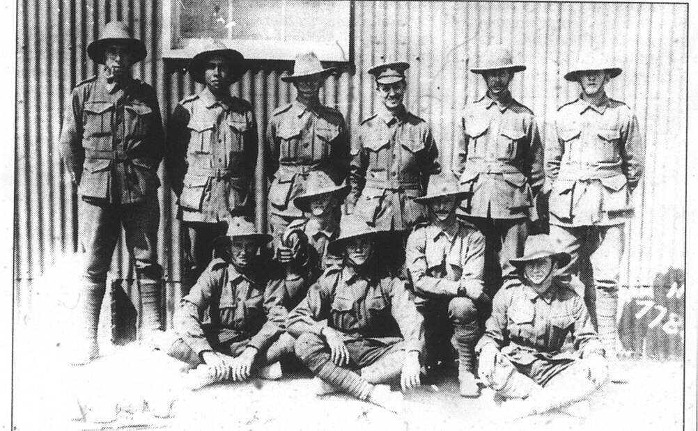 VOLUNTEERS: Peter Cragie (back row, second from the left) before leaving for France in 1916. In the front row is his Mount Isa friend Jack Dally. 