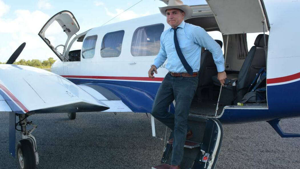 Member for Mount Isa electorate, Robbie Katter steps off the plane at Mornington Island.