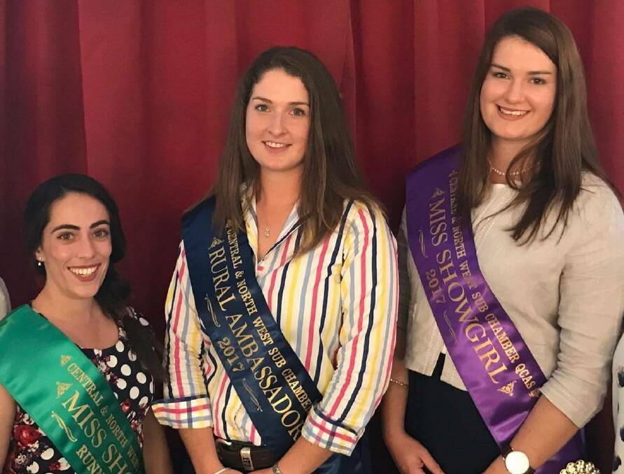 Central and North West Sub Chamber Runner Up Raquelle Vieira (Cloncurry), Rural Ambassador Meg Bassingthwaighte (Longreach) and Champion Showgirl Claire Jackson (Longreach). Photo supplied.