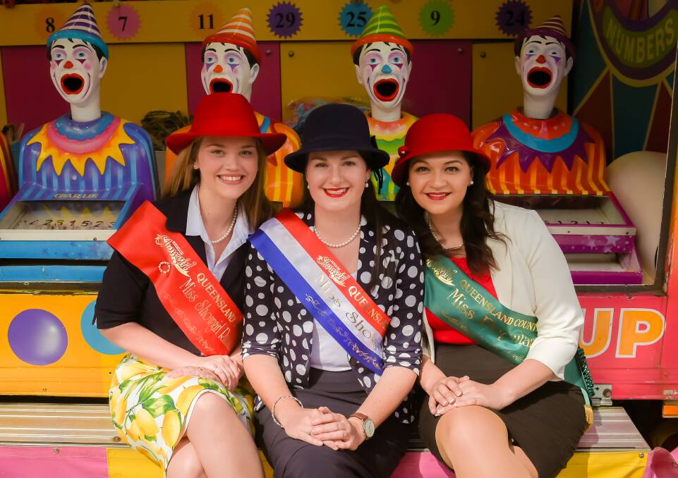 CARNIVAL: 2017 Miss Showgirl Runner Up Marinka Zanetich, 2017 Miss Showgirl Claire Jackson and 2017 Miss Popular Jessica Cummings explore the show. Photo: Kelly Butterworth.