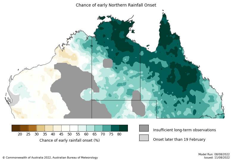 The chance of early Northern rainfall onset. Photo: BoM