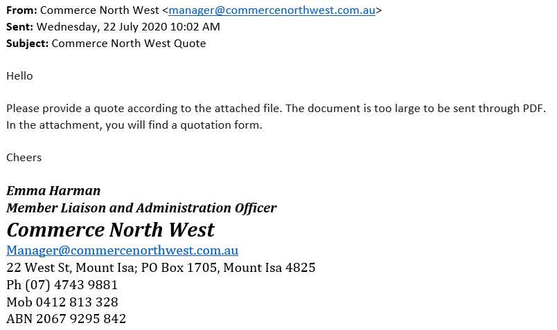 Email that was sent via Commerce North West email account is a scam. Photo supplied.