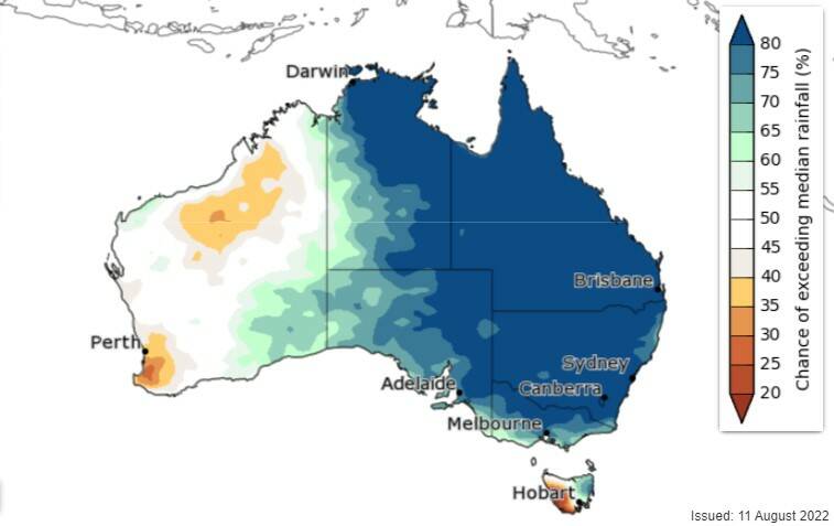 Three month climate outlook: The chance of above average rain for September to November. Photo: BoM