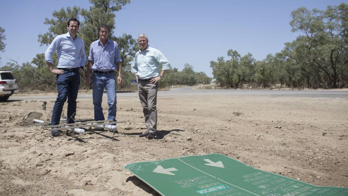 DISASTER: Senate representative of Queensland Matt Canavan, LNP candidate for Kennedy Frank Beverage and Deputy Prime Minister Michael McCormack inspect flood damage in North West Queensland. Photo supplied.
