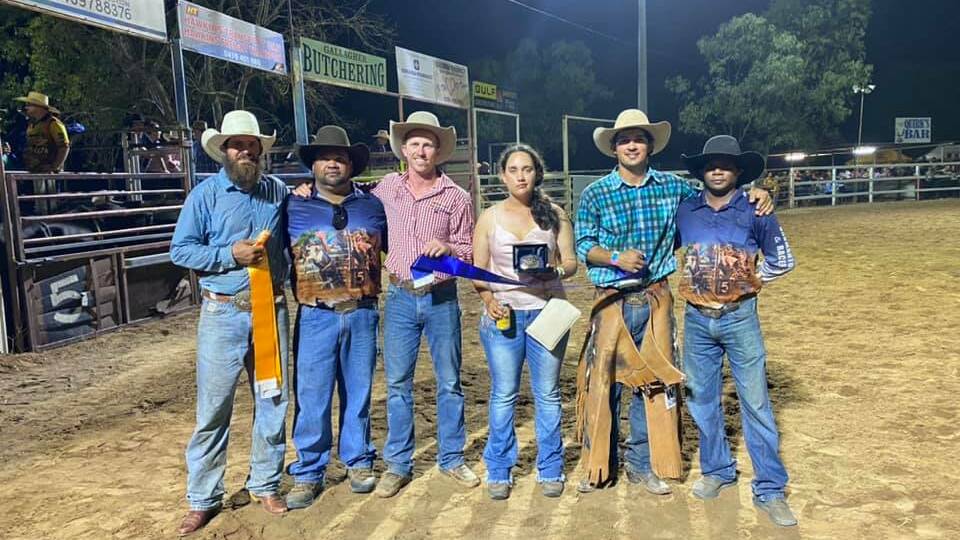 Winners of the open bronc ride Luke Chaplain and Tyler Chong donated their winnings to the Baker family. Photo: Normanton Rodeo Facebook Page.