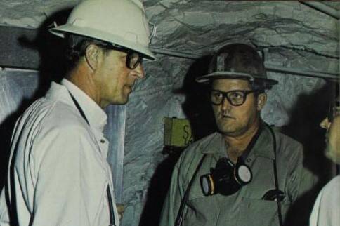 Duke of Edinburgh Prince Philip (left) questions "how does it all work" while on an underground mine tour of Mount Isa Mines. Photo: MIMAG