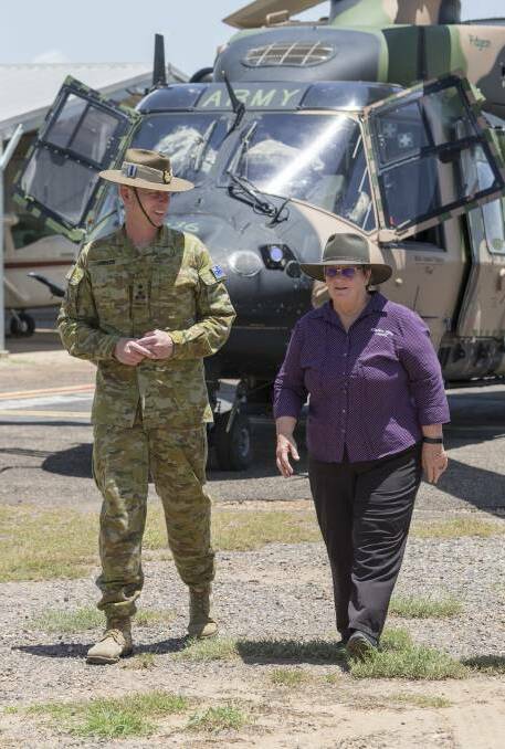 JTF646 Commander Brigadier Stephen Jobson with Flinders shire Mayor Jane McNamara at Hughenden Airport during the 2019 flood.