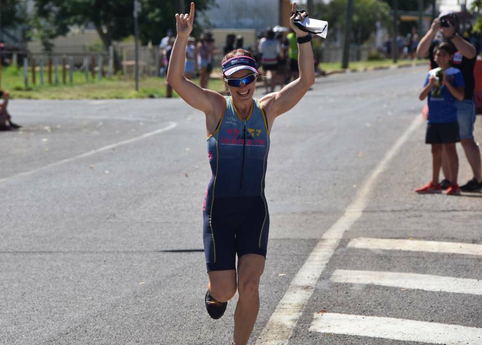 Kim Alcorn was the first woman to cross the finish line at the Julia Creek Dirt n Dust senior triathlon. Photo: Samantha Walton.