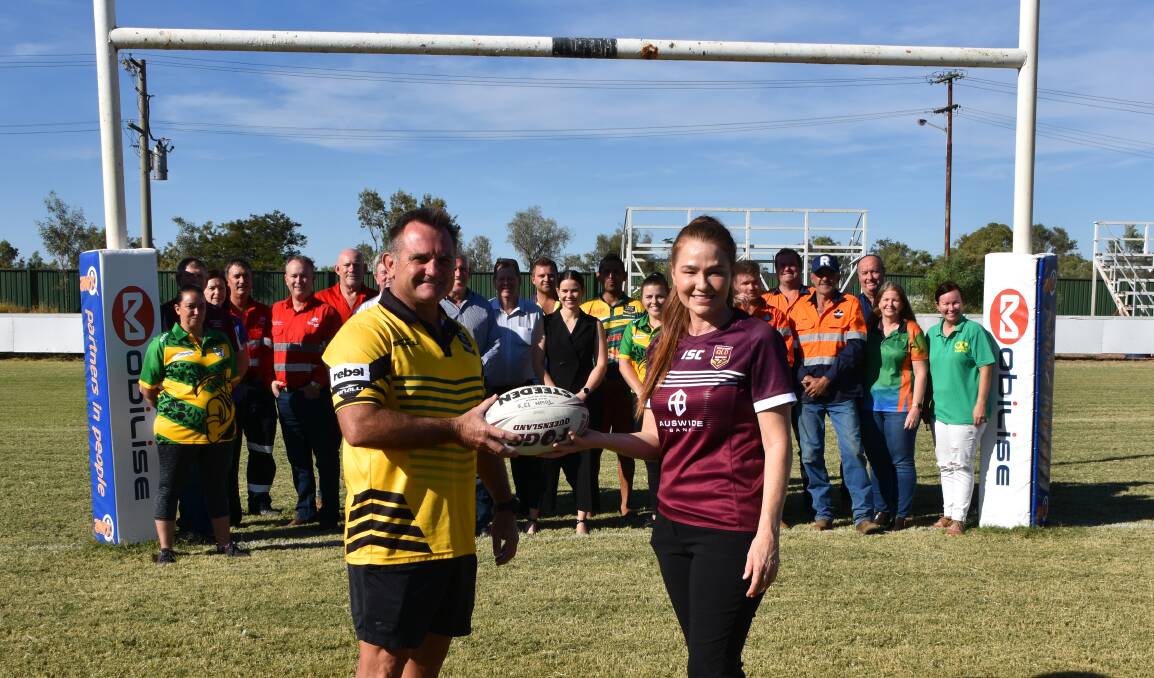 Legends of League event manager Craig Teevan, Mount Isa Mayor Danielle Slade and event sponsors. Photo: Samantha Campbell