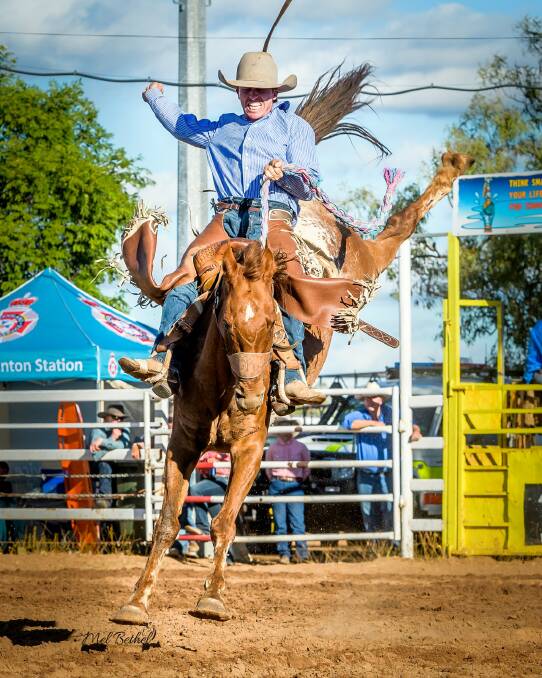Luke Chaplain showing the style that won him the $10,000 Open Saddle Bronc aboard Peacepipe at the 2019 Normanton Rodeo. Photo supplied.
