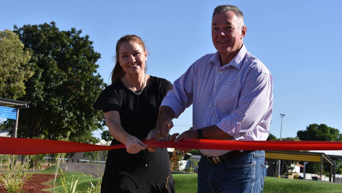 OPEN: Mount Isa City Council mayor Danielle Slade and Queensland Minister of Resources Scott Stewart officially open the Gallipoli Park Pump Track. Photo: Samantha Campbell