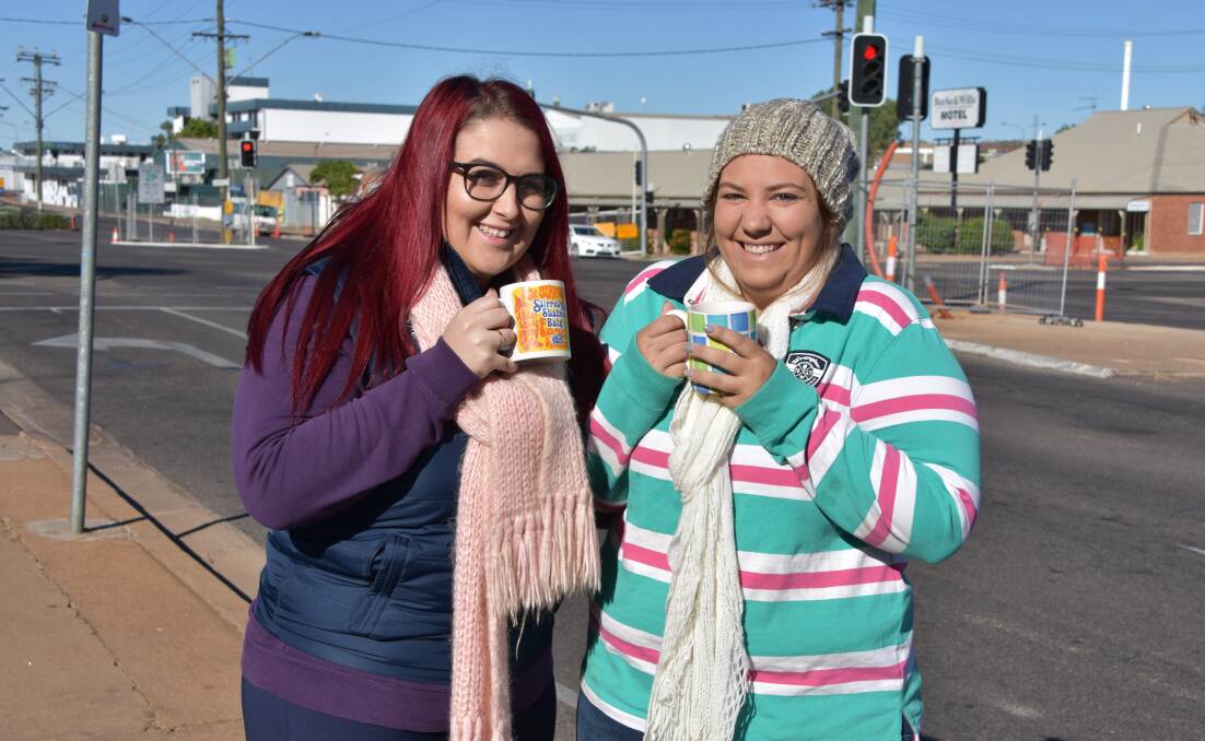 CHILLY: Courtney Johnstone and Beck Hodson rug up as temperatures drop in Mount Isa. Photo: Samantha Walton.