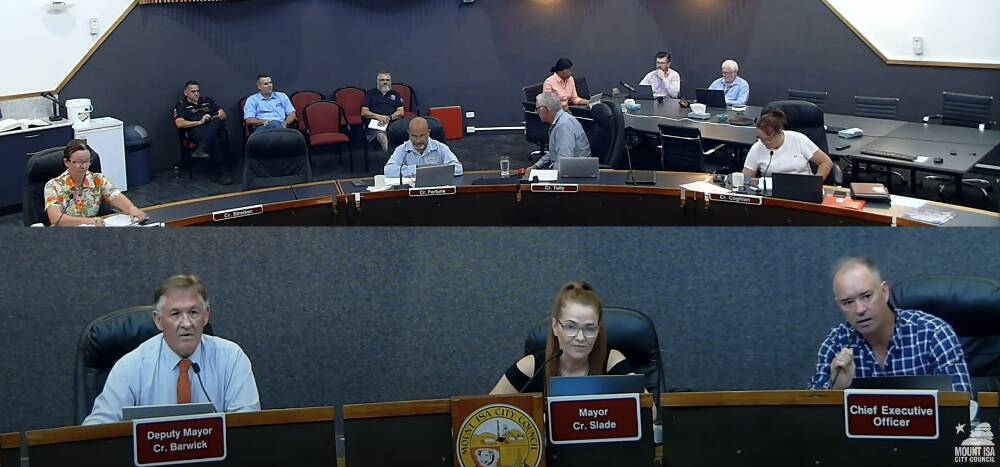 Council CEO steps in when a member of the public gallery starts to respond to a councillor during the meeting. Picture from Mount Isa City Council meeting live stream.