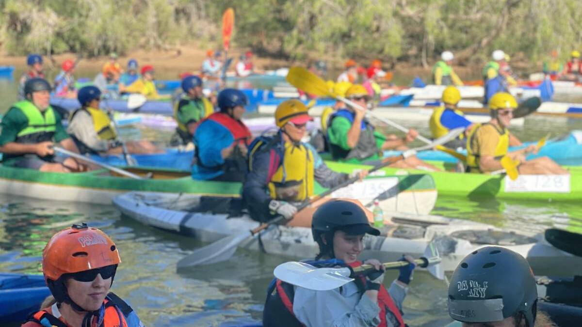 The diverse line up at the start of the short race in the Gregory River Canoe Marathon in 2021. Photo supplied.