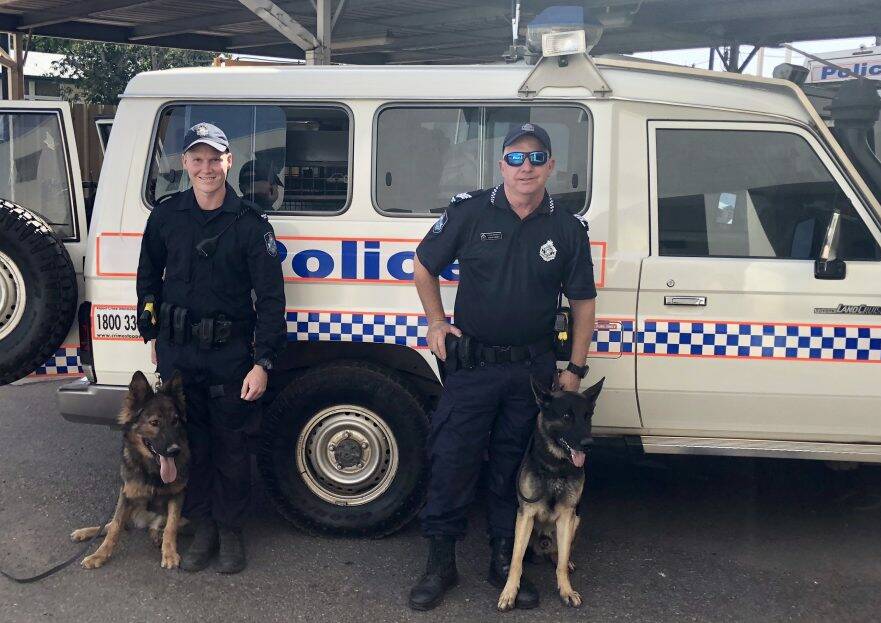 SQUAD GOALS: Constable Joel Davidson and PD Gilly, with Acting Sergeant Steve Lindsey and PD Leo. Photo supplied.