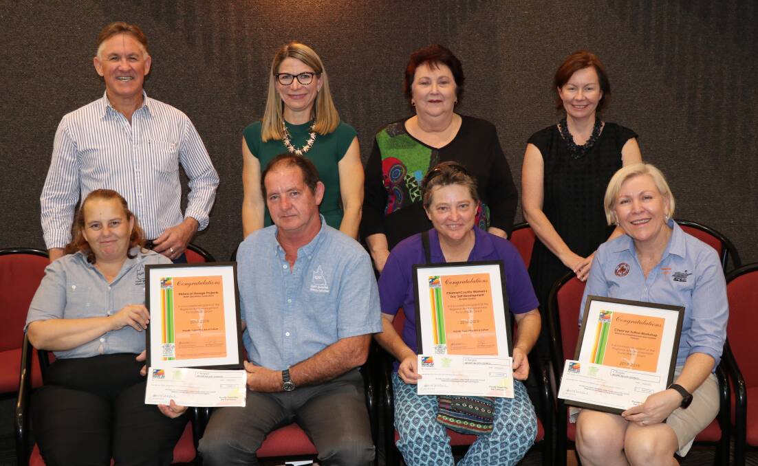 Back from left, Deputy Mayor Phil Barwick, Mayor Joyce McCulloch and Councillors Jean Ferris and Peta MacRae, with, front from left, RADF recipients Chantel and Brian Adamson, Annette Gordon and Donna Olivero. Photo supplied.