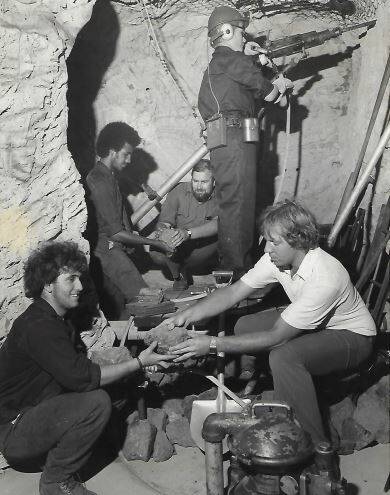Glen Graham (white shirt) and volunteers assembling the Mount Isa Mine diorama in the tunnels of Frank Aston Underground Museum ca June 1976
