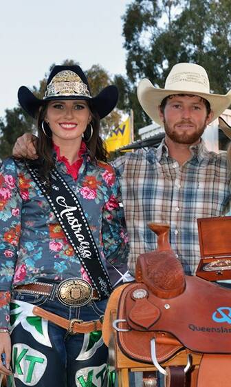 PRESENTATIONS: Miss Rodeo Australia Kate Taylor with APRA 2019 Champion Bull Rider Will Purcell. Photo: Mike Kenyon.