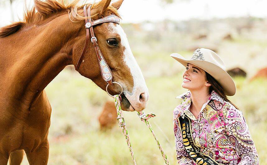 QUEST: Curry Merry Muster Rodeo Queen, Kate Taylor, featured with her horse Paleface in preparation for the 2017 Miss Rodeo Australia. Photo: Leonie Winks Photography.