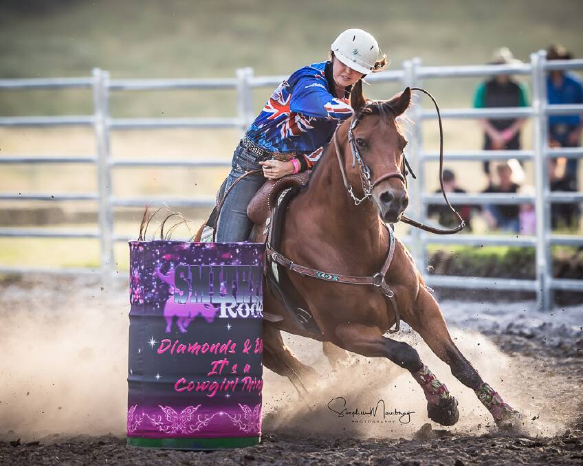 Cloncurry cowgirl Brandee Ferguson on her horse Raven win both rounds of the Junior Barrel Race at Smithton Rodeo. Photo: Stephen Mowbray Photography.