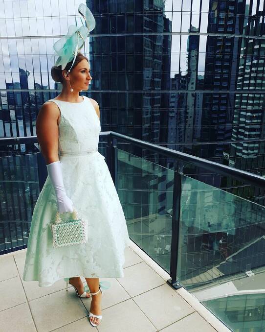 Mount Isa local Cheryn Ramsay dressed in her Millinery by Mel design ready for Oaks Day in Melbourne. Photo supplied.
