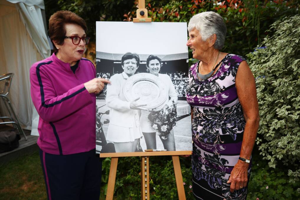 REFLECT: Wimbledon champion Billie-Jean King and runner-up Judy Dalton at Tennis Australia's annual Aussie Wimbledon barbecue in London, 50 years after their Wimbledon final. Picture: Getty Images