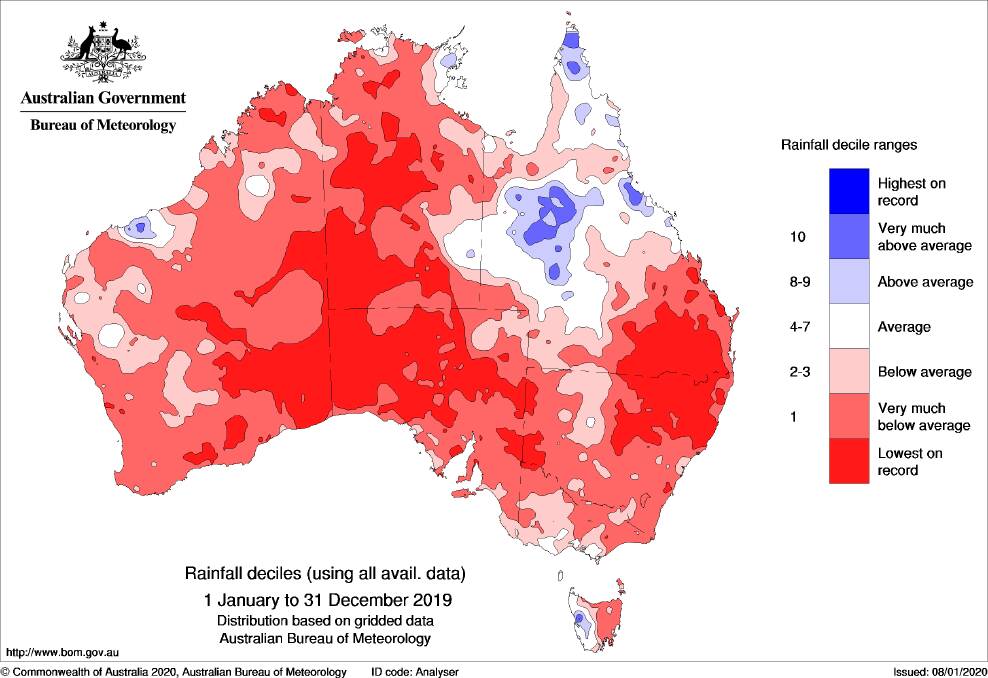 A map from the Bureau of Meteorology paints a picture of rainfall across Australia for 2019. 