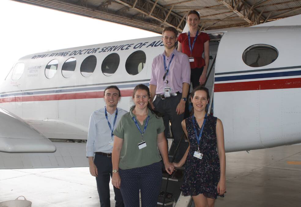 FLYING HIGH: Tahne Lahiff, Melanie Arundel, Keegan Coomer, Sarah Salisbury and Amanda De Havilland at RFDS Base, Mount Isa Airport. Photo: Aidan Green