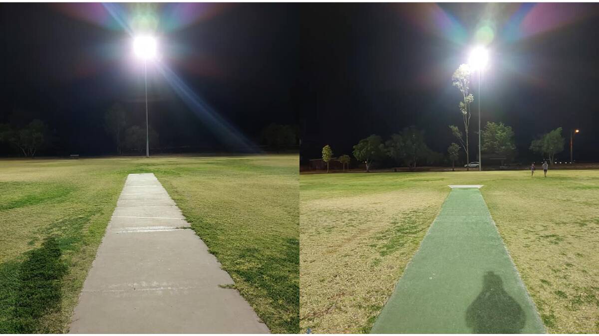 The new floodlights at Sunset Oval (left) and Captain Cook Oval (right) have been installed directly behind where a cricket bowler would release the ball. 
