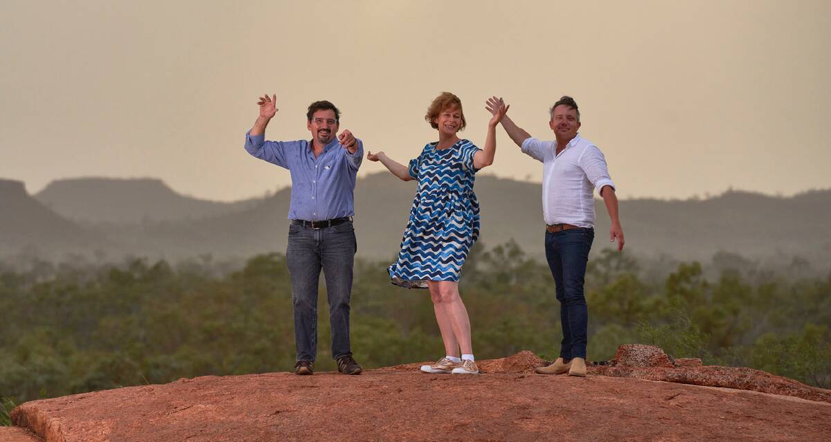 Opera Queensland Team Ian Johnson, Min Collie-Holmes and Mark Taylor at the Mount Isa Granite Mines. Photo Alan Mathieson