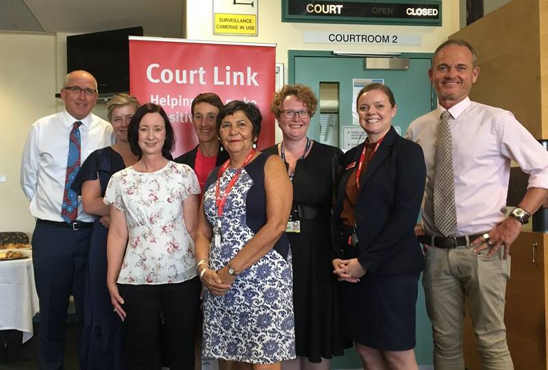 COURT LINK: Chief Magistrate Terry Gardiner, Magistrate Trinity McGarvie, Queensland Attorney-General Yvette D'Ath, Court Link staff Julie Webber, Roxanne Glover, Cassie Tannock, Kylie McNally, Director General David Mackie announcing the Court Link innitiative at the Mount Isa Court House. Photo: Aidan Green. 