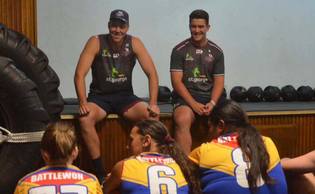 Queensland Rugby Reds Angus Blyth and Josh Nasser at Three Sons Fitness gym during a Q and A session. Photo Aidan Green. 
