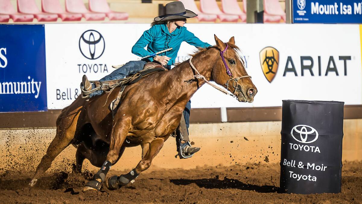 Jema Siotiosch and 'Peppy Sweet San' competing at the Mount Isa Mines Rodeo in August, with the event a finalist in the Queensland Tourism Awards. 